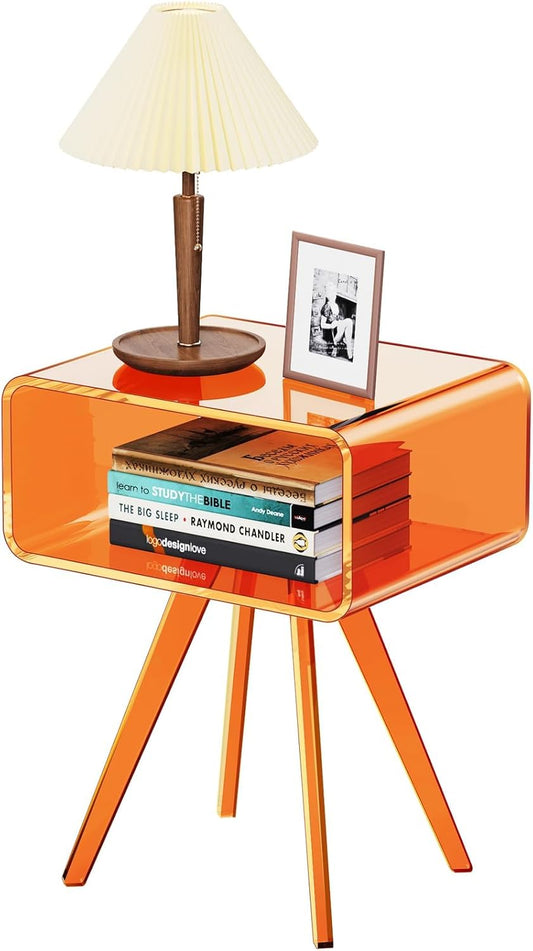 Acrylic Side Table, Acrylic Nightstand Bedside Table for Bedroom (Orange, 16.1'' x 11.8'' x 19.7'')