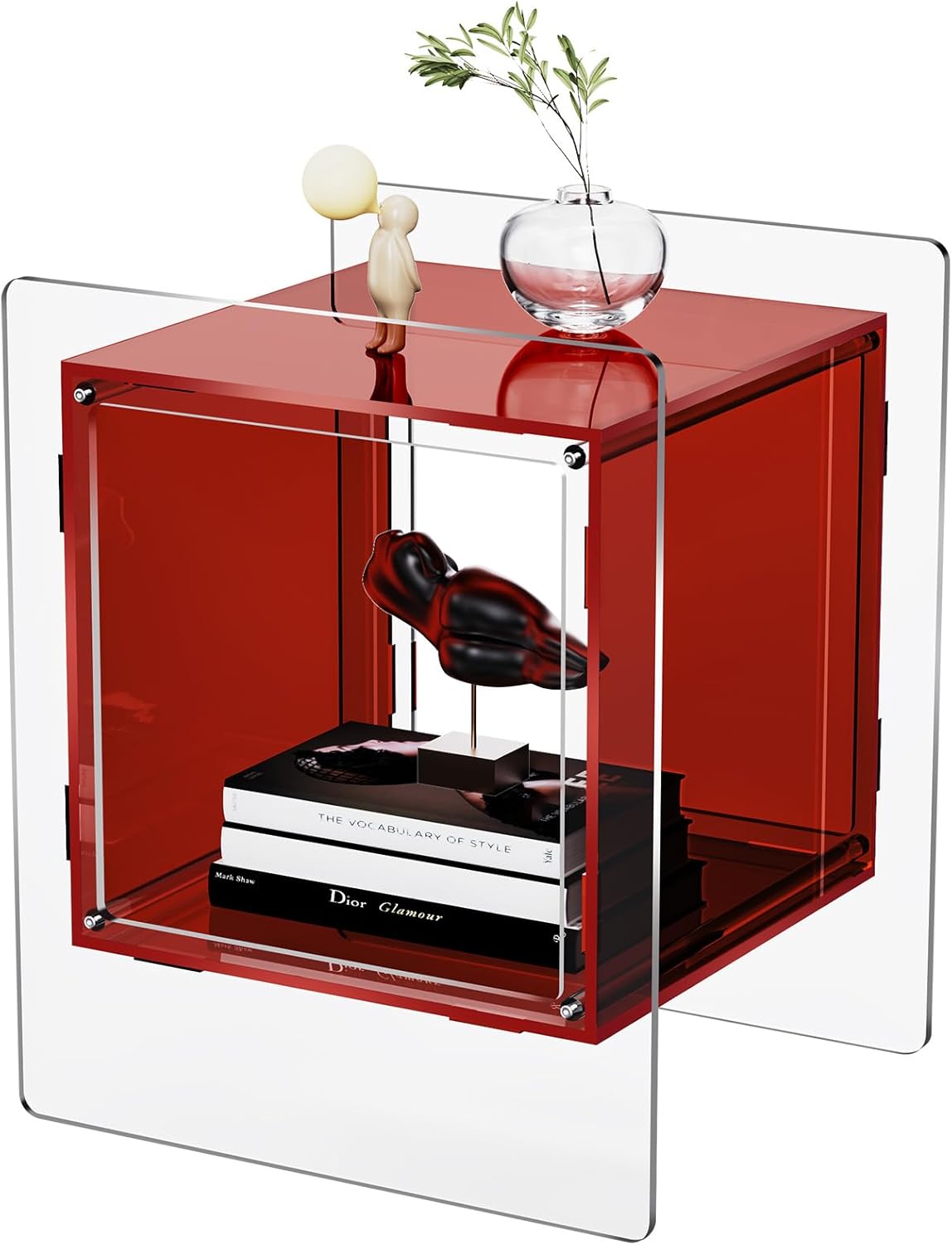 Acrylic Nightstand Colorful Bedside Table with Open Storage Shelf,Clear Side Table for Living Room (1, Red)