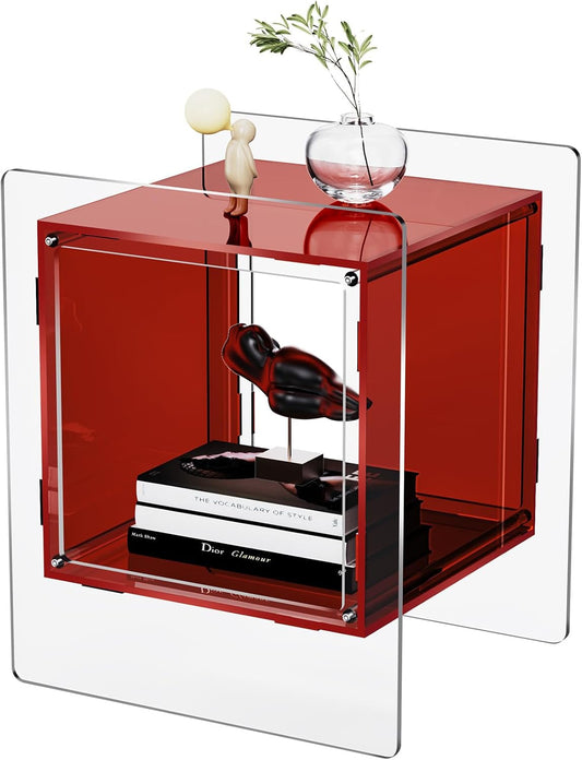 Acrylic Nightstand Colorful Bedside Table with Open Storage Shelf,Clear Side Table for Living Room (1, Red)