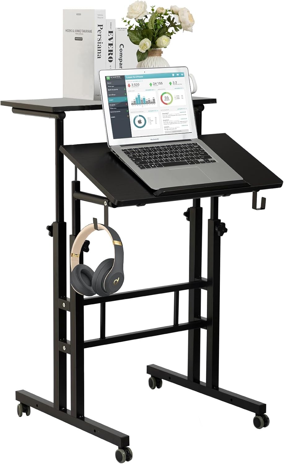 SIDUCAL Mobile Standing Desk, Portable Stand Up, Small Adjustable Converter with Wheels Home Office Workstation, Rolling Desk Laptop Cart for Standing or Sitting, Black