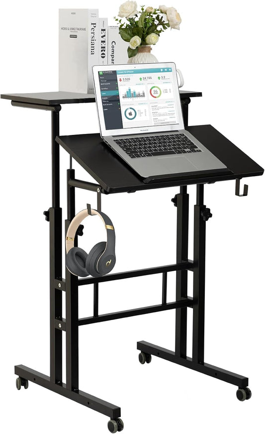 SIDUCAL Mobile Standing Desk, Portable Stand Up, Small Adjustable Converter with Wheels Home Office Workstation, Rolling Desk Laptop Cart for Standing or Sitting, Black