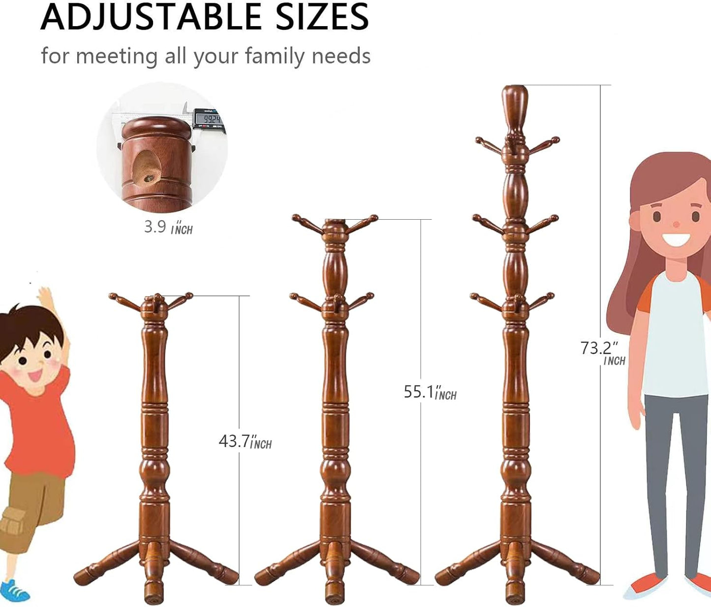 Wood Coat Rack Hall Tree, Stable Triangle Base Coat Tree with 3 Height Options and 9 Hooks, Vintage Coat Rack Freestanding for Hall Entryway, Bedroom and Home Office (Walnut)