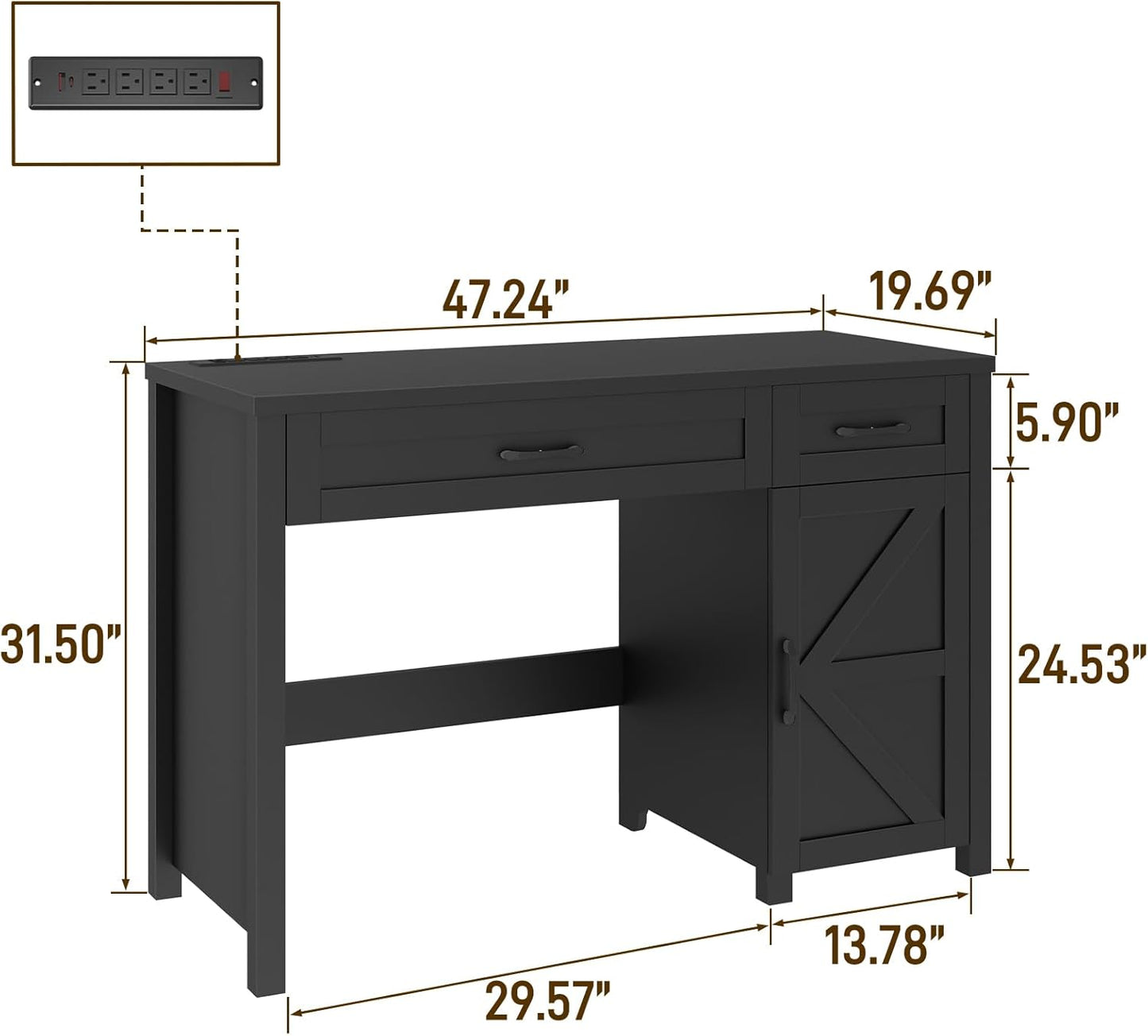 Farmhouse 47" Executive Desk, Computer Desk with Drawers and Storage Cabinet, Workstation Computer Desk for Home Office, Study.(Pure Black)