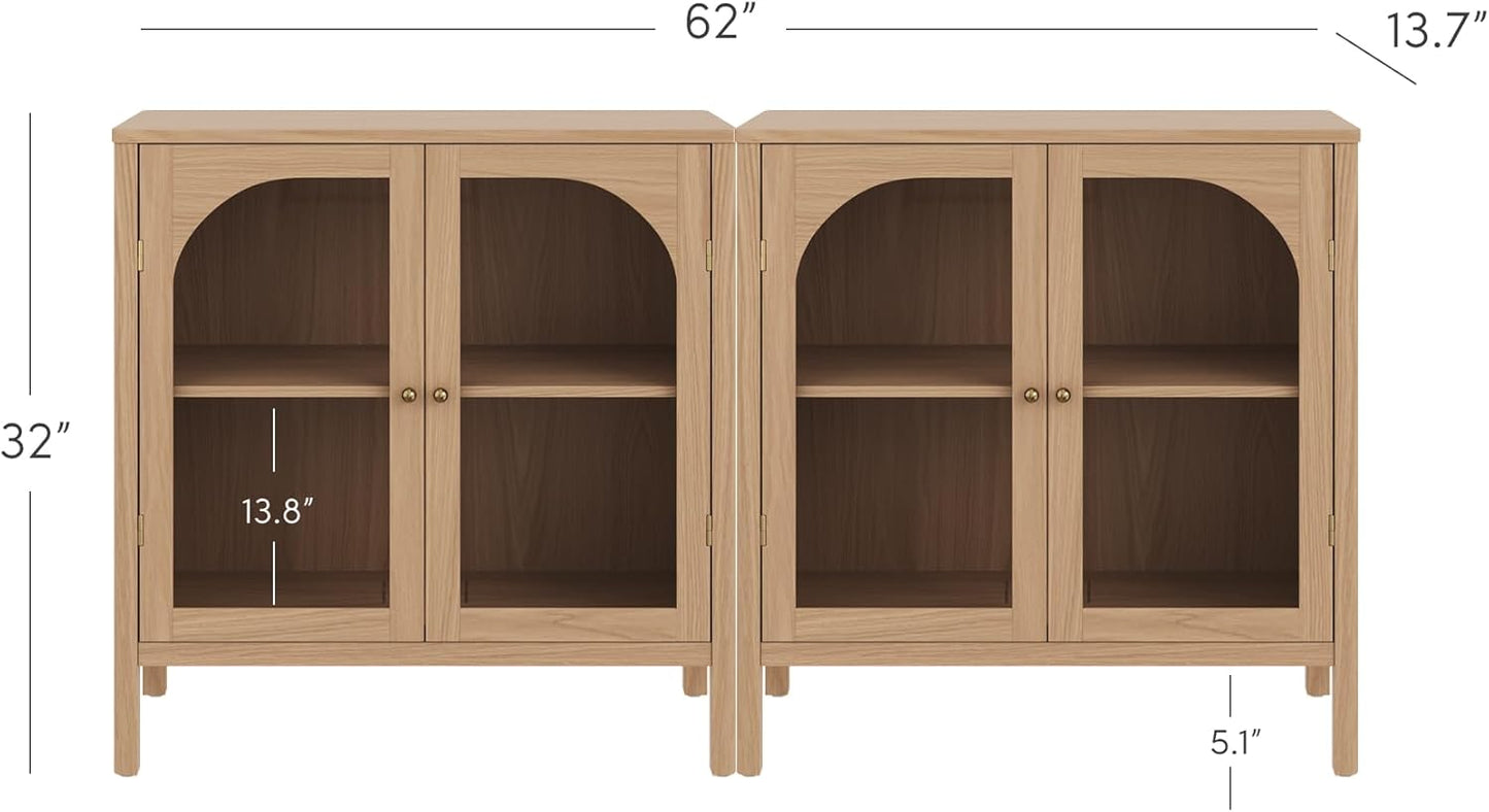 Nathan James Mason Modern Farmhouse TV Stand, Free Standing Accent Sideboard Buffet, Cabinet with Glass Doors and Adjustable Shelf, Clear Glass/Raw Oak Set of 2