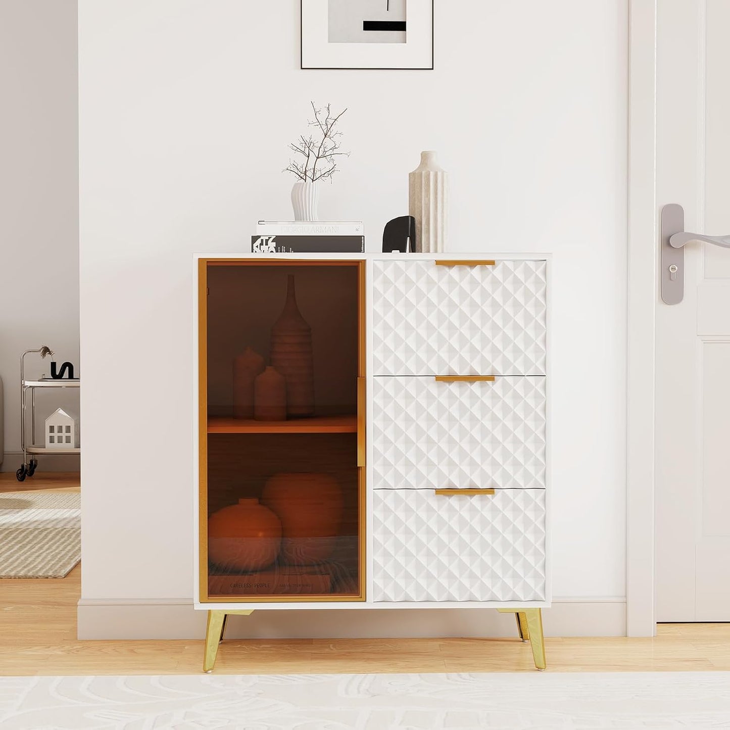 Rovibek Modern Sideboard Cabinet with Storage, Small Kitchen Buffet Cabinet with Glass Door & 3 Drawers, 31" Accent Sideboard Buffet for Kitchen, Living Room, White