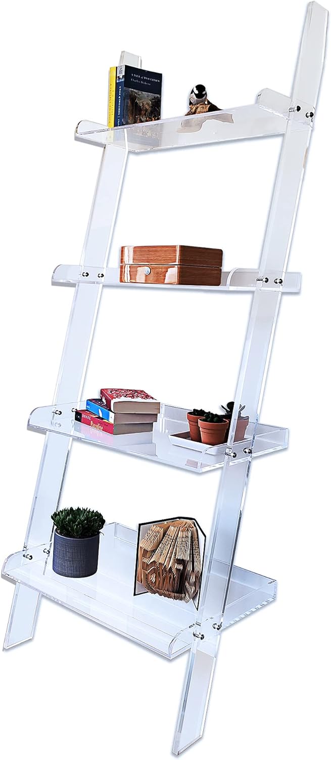 Acrylic Ladder Bookcase – Large Modern Clear Leaning Floating Wall Bookshelf - Standing Decor Display Unit for Open Shelving, Organizer, or Storage in the Living Room, Office, Bedroom, or Bathroom