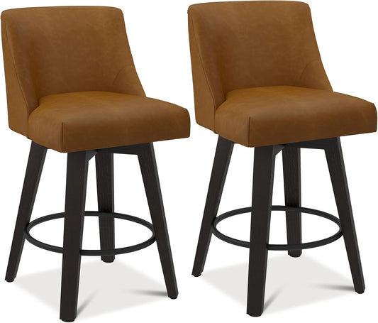 Bar Stools Set of 2, 26" H Counter Height Swivel Bar Stools, Upholstered Kitchen Island Counter Stools with Back and Solid Wood Legs, Faux Leather in Rustic Brown