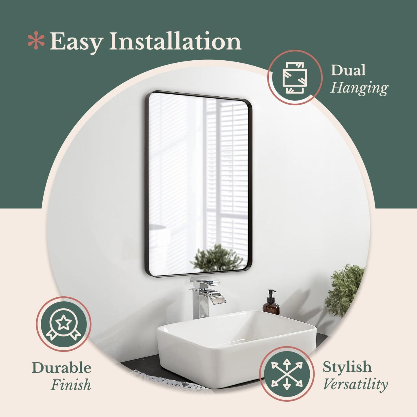 Hamilton Hills 24x36 Inch Metal Black Frame Mirror for Bathroom - Brushed Rectangular Rounded Corner Vanity - 2" Deep Set Design Large Wall Mirrors Decorative - Hangs Horizontal and Vertical