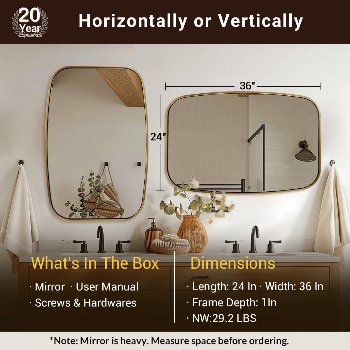 ANDY STAR Brushed Gold Oval Bathroom Mirror, 24x36 Inch Brass Oblong Mirrors for Wall, Modern Rectangle Vanity Mirror with Rounded Corner, Stainless Steel Wall Mount Horizontal or Vertical