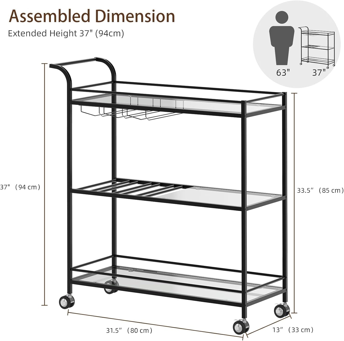 Black Bar Cart, Home Bar Serving Cart with Handle, Wine Cart with 3-Tier Glass Shelves, Beverage Cart with Wine Rack and Glass Holder, Bar Carts for The Home, Dining Room, Living Room