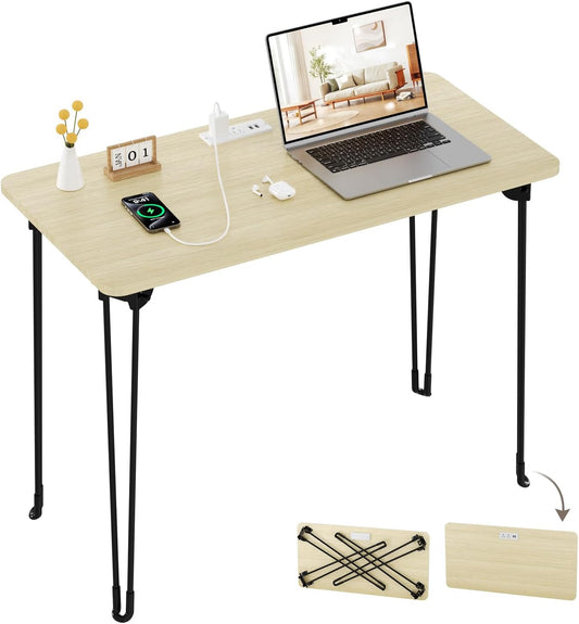 Folding Desk, 31.5" Hairpin Legs Small Desk with Power Strip for Bedroom, Space Saving Foldable Computer Desk for Home Office, No Assembly Need,Beige