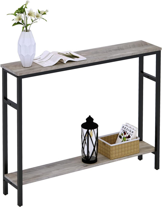 Narrow Console Table, 39.4” Sofa Table with Adjustable Shelf, 2-Tier Long Skinny Table for Hallway, Entryway, Living Room, Foyer, Grey