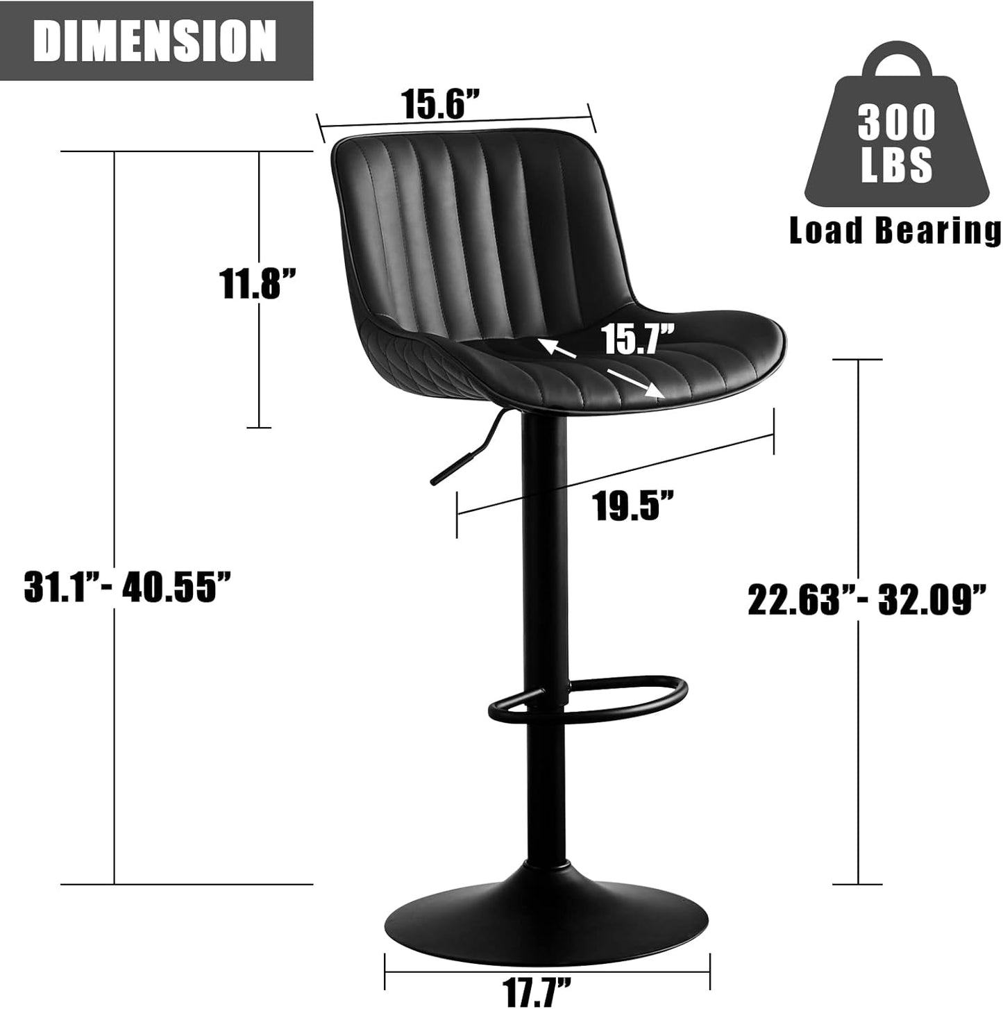 YOUNIKE Black Bar Stools Set of 2 Kitchen Counter Height Barstools with Back Modern Swivel Faux Leather Padded Bar Chair Adjustable Tall Upholstered Breakfast Island Chairs