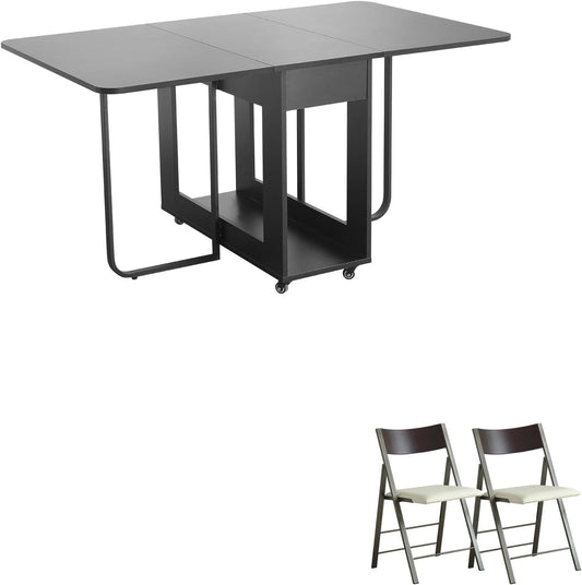 Folding table and chair set, dining table with extra large storage space and 4 universal wheels, matched with padded steel frame folding chairs, space-saving dining table and 2 chairs (White)