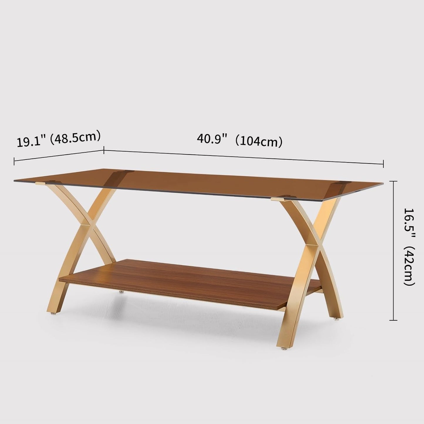 Coffee Table for Living Room and Bedroom, 2-Tier Mid-Century Modern Table with Amber Tempered Glass Top and Walnut Finish Wood Shelf, Strong Metal Legs with Gold Finish