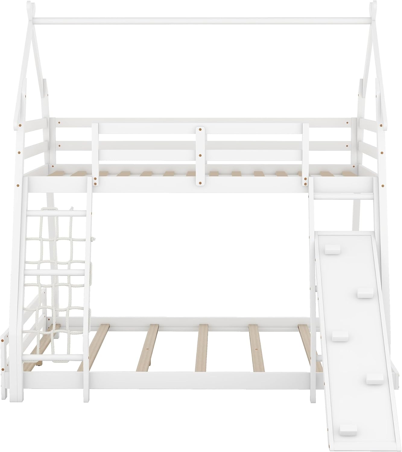Twin Over Queen House Bunk Bed with Climbing Nets and Climbing Ramp for Kids Teens Boys Girls,Solid Wood Bunk Bed Frame with Safety Guardrails,Playful Design,White