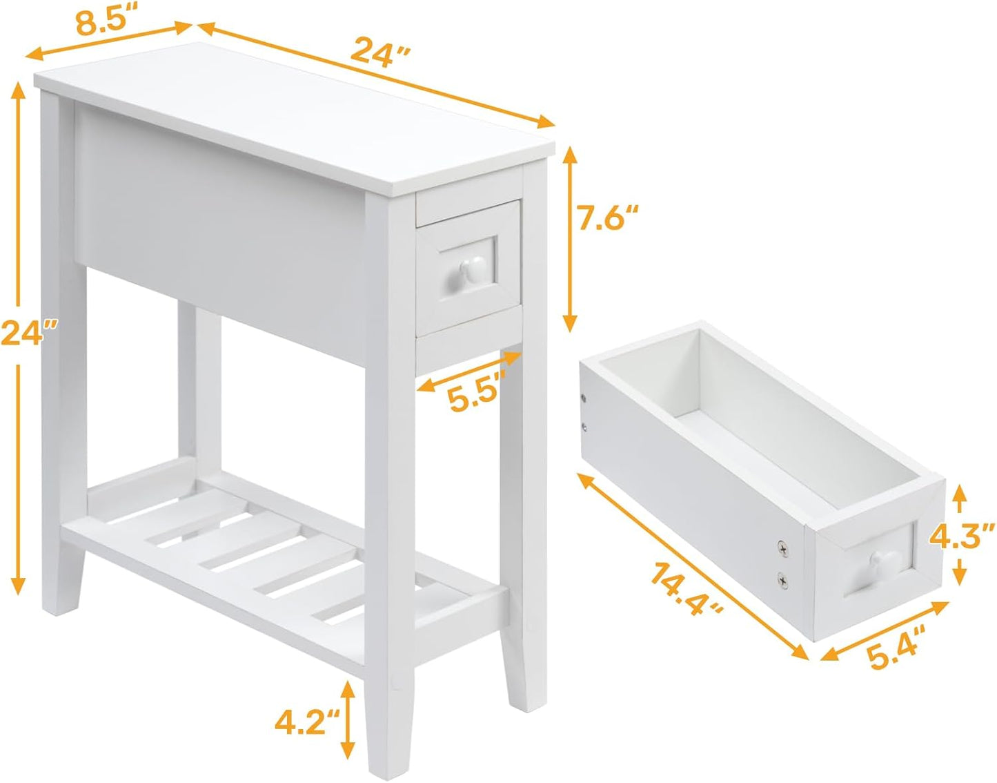 Narrow Side Table for Small Spaces, White, Set of 1, 24" L x 8.5" W x 24" H