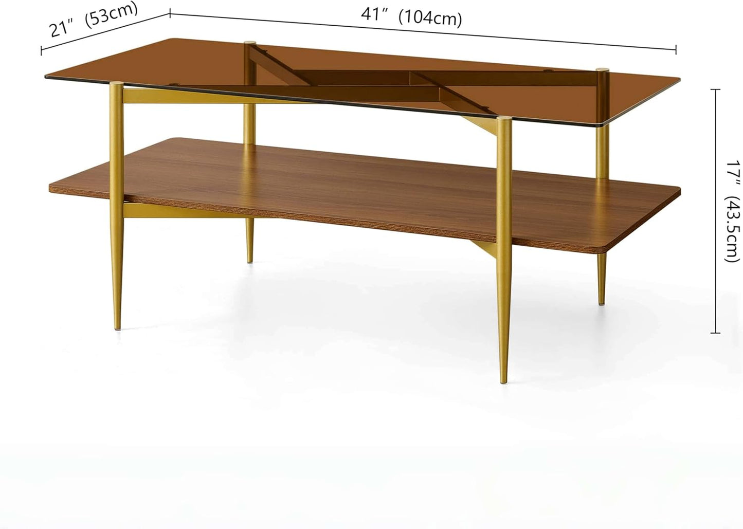 Rectangle Coffee Table, Mid-Century Modern Design, L41*W21*H17 inch, for Living Room, Amber Glass Top and Walnut Finish Wood Shelf, Conical Metal Legs with Gold Finish