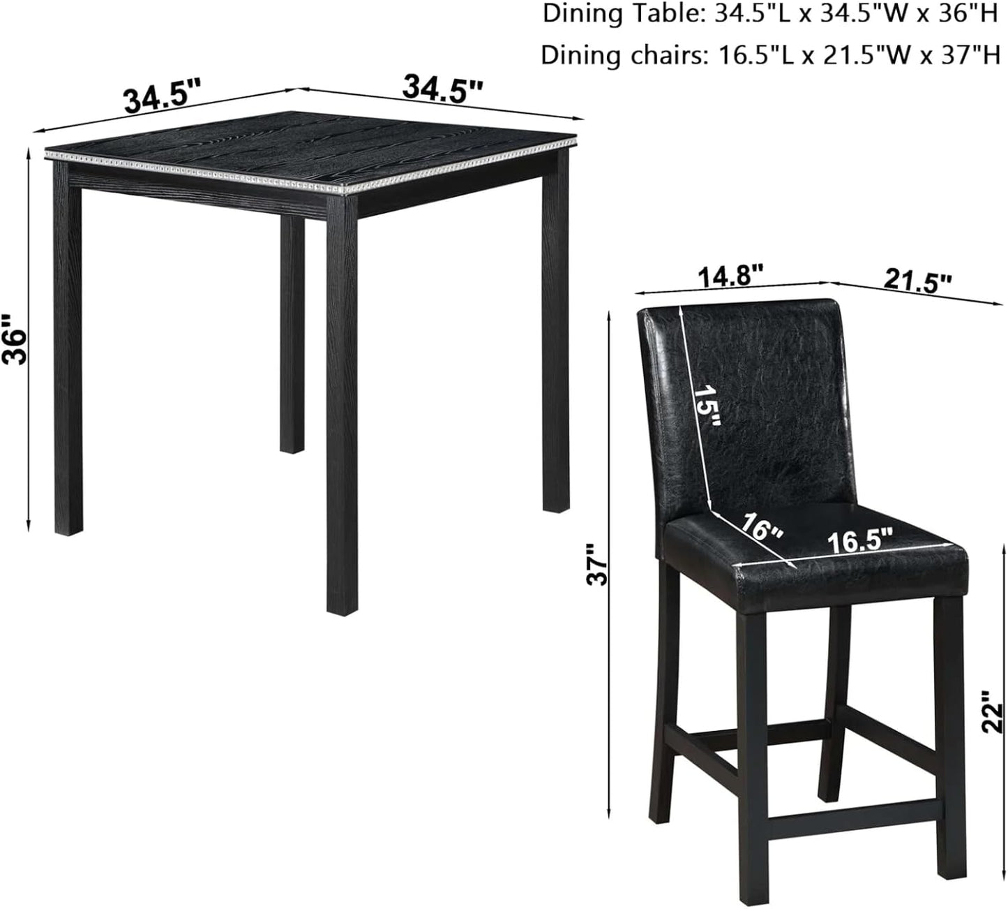 Dining Table Set for 4, 5-Piece Dining Room Table Set with Square Crystal Decoration Table & 4 Upholstered Backrest Chairs, Counter Height Kitchen Sets with Wood Grain & Footrest, Black