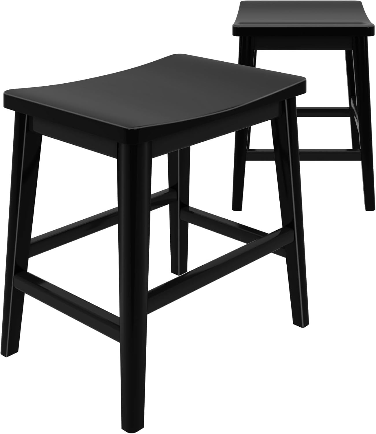 Plank+Beam Smythe Dining Stool, 18" Vanity Stools, Set of 2, Sturdy Wood Modern Kitchen Stool, Saddle Seat Backless Chair, Metal Footrest, Black