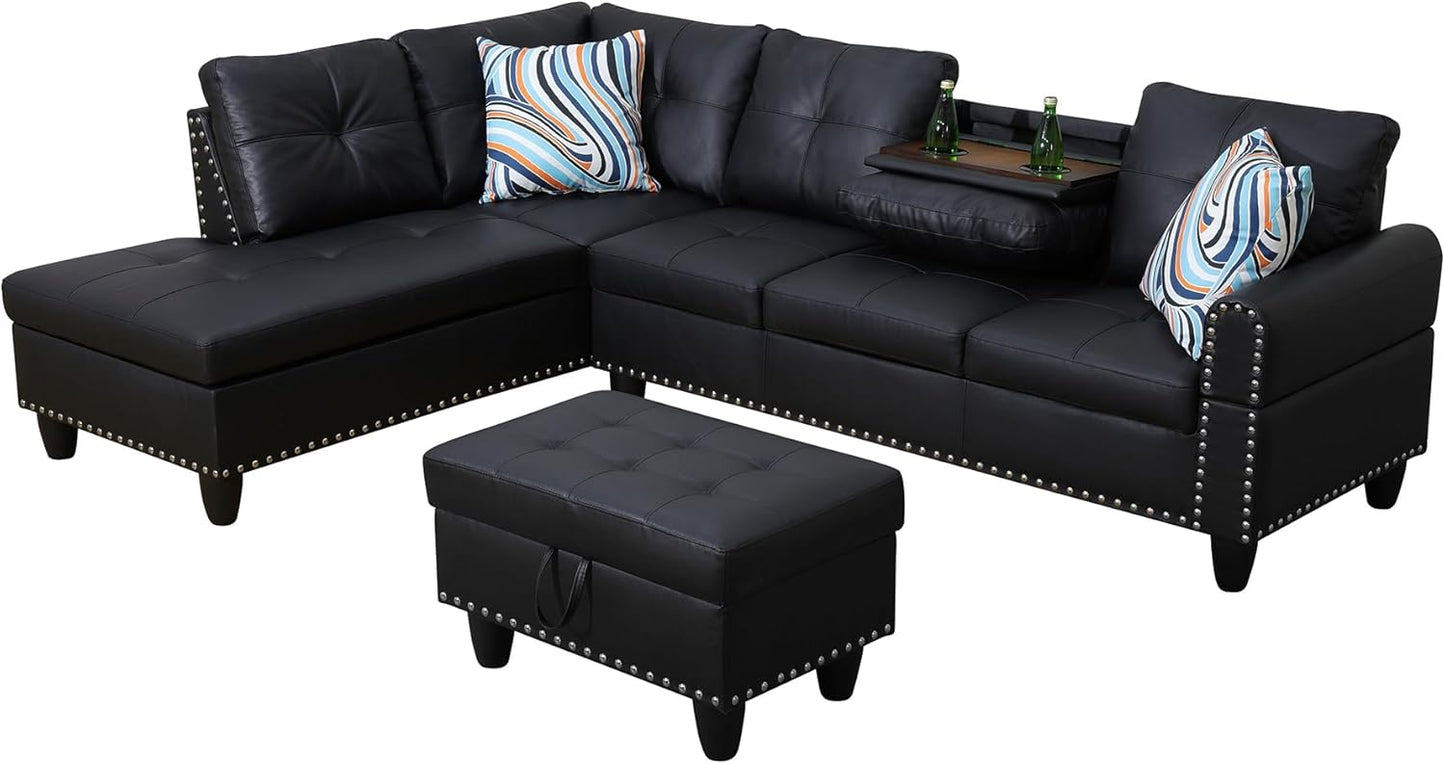 L Shaped Couch Faux Leather Sectional Couch Upholstered 3 Pieces Sofas for Living Room with Chaise, Storage Ottoman for Office and Small Apartment, Graceful Black