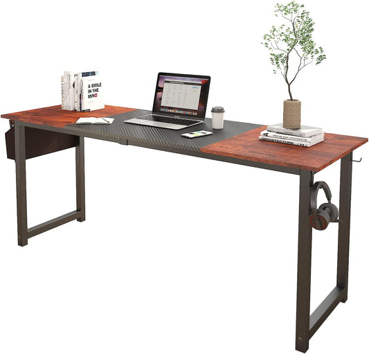 Decoholic 71Inch Home Office Computer Two-Color Panel Desk with Storage Bag and Hook, Black, Sandalwood Color, Industrial Modern Laptop Desk