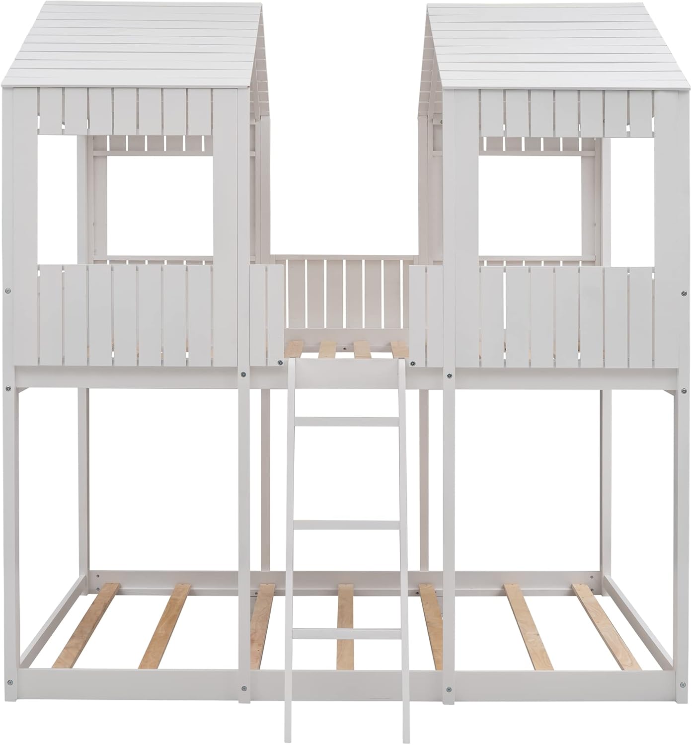 Ball & Cast Full Over Full Size Playhouse Bunk Bed with Roof and Window,Wood Bunkbed w/Full-Length Guard Rail & Ladder,Slat Support,Space Saving,Bedroom Furniture for Student Dorms,White