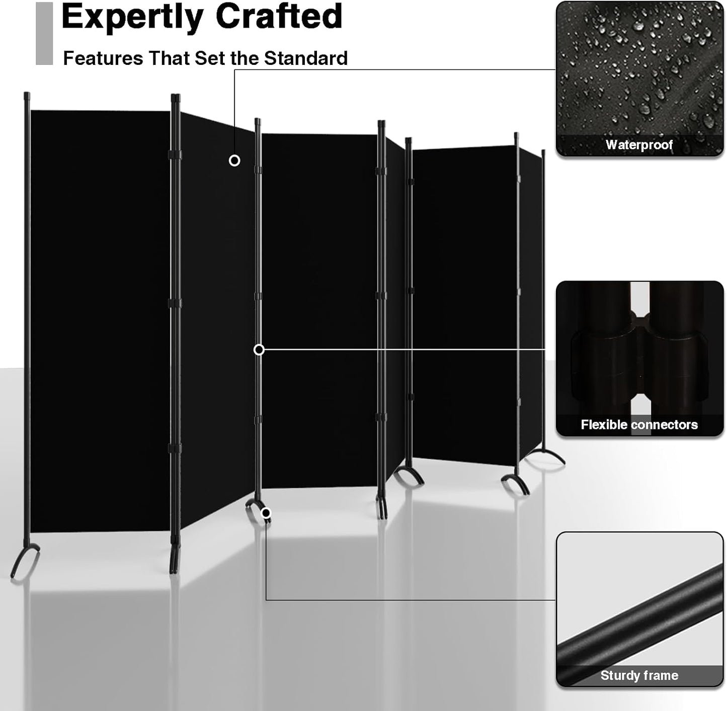 Room Divider 6-Panel Privacy Screen, Portable Screen Steel Frame with Hook&Loop for Home, Office, Classroom, Studio, Meeting (Black)