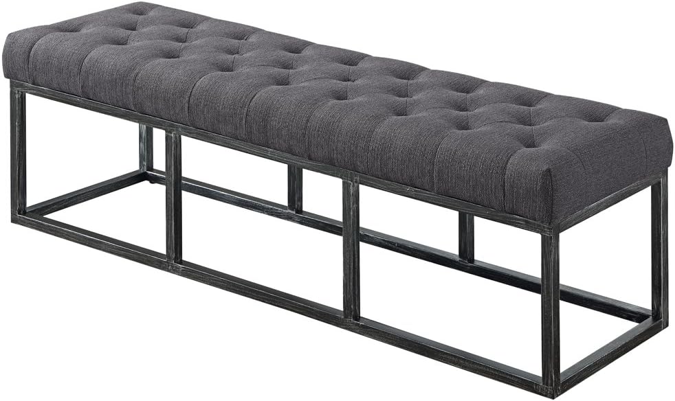24KF Upholstered Tufted Long Bench with Metal Frame Leg, Linen Bench Ottoman with Padded Seat-Dark Gray