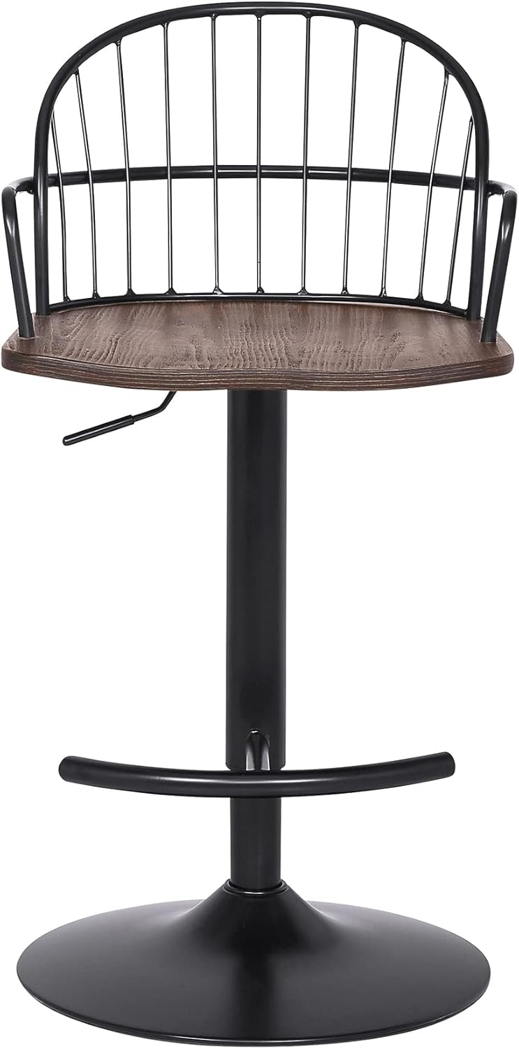Armen Living Edward Adjustable Walnut Glazed Barstool in Black Powder Coated Finish
