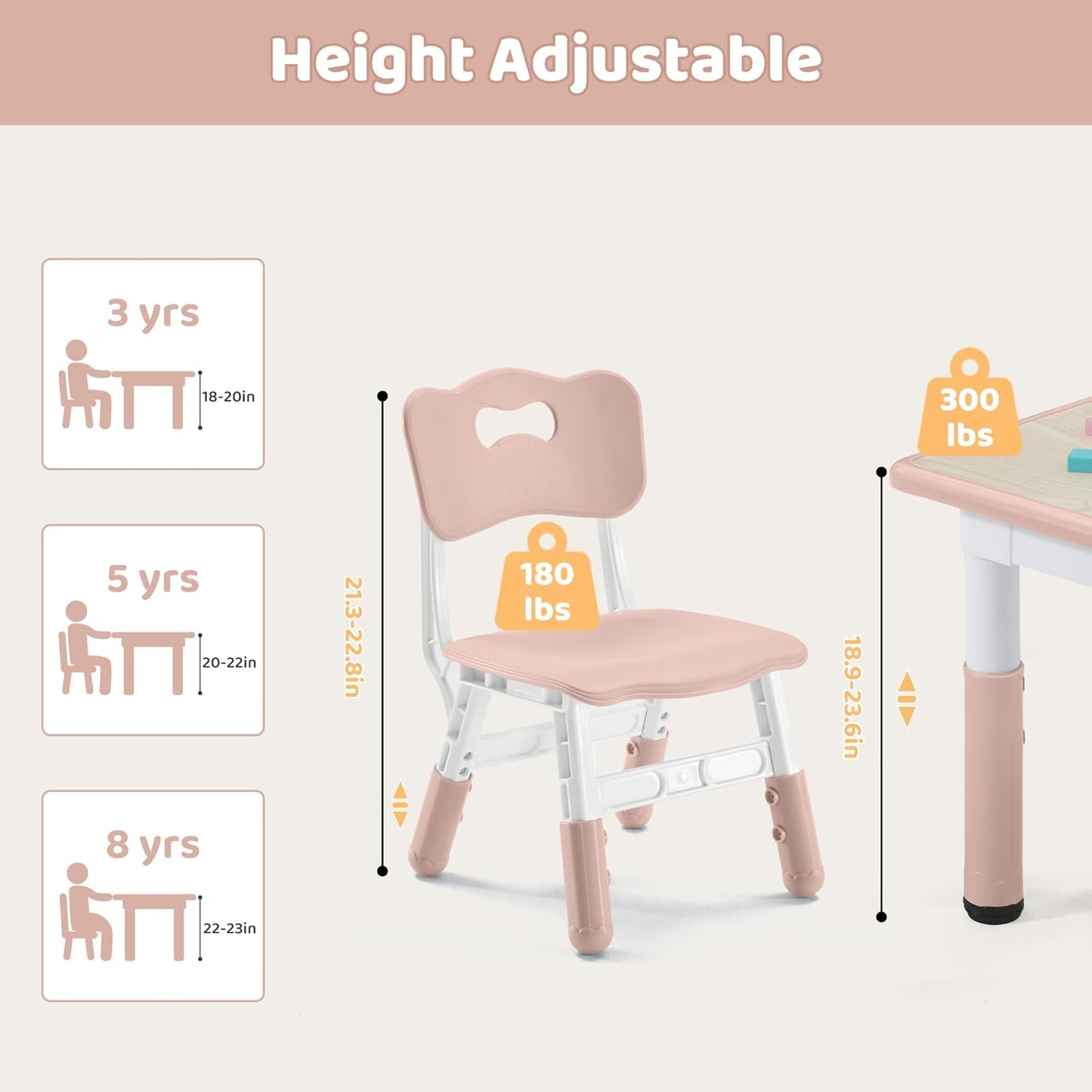 Kids Table & Chairs Set (2 Chairs) Height Adjustable for Ages 2-8 | Non-Slip Toddler Activity Table with Wipe-Clean Desktop, Montessori Learning & Art Drawing Table for Home Preschool