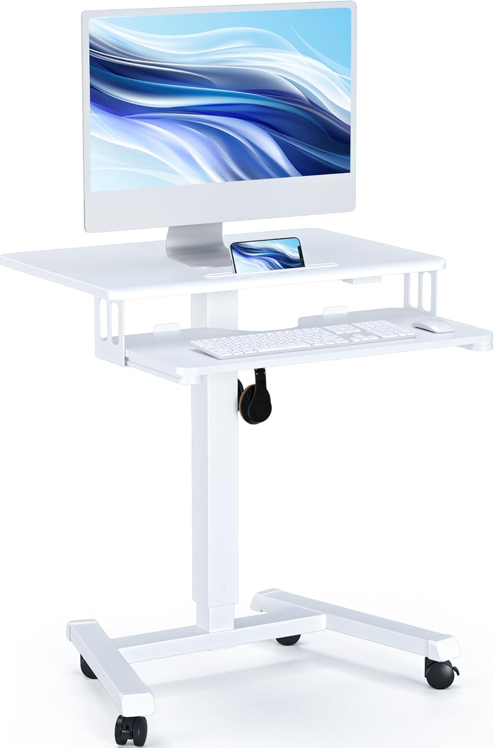 BONTEC Mobile Standing Desk with Keyboard Tray, Mobile Podium, Rolling Laptop Sit Stand Desk on Wheels, Adjustable Height Up to 33lbs, Portable Computer Workstation Cart for Living Room, Office, White