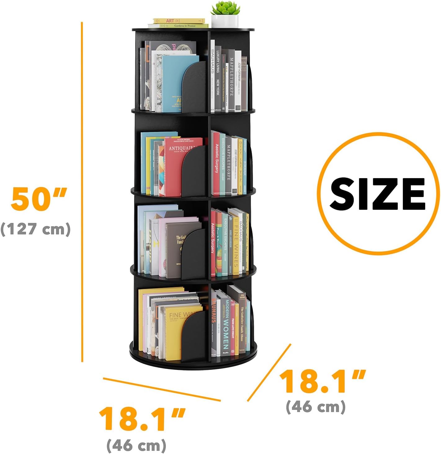 SpaceAid 4 Tier Rotating Bookshelf Tower, Spinning Bookcase Lazy Susan, Revolving 360 Book Shelf Storage Round Carousel, Vertical Rotate Turning Spiral Corner Organizer, Black