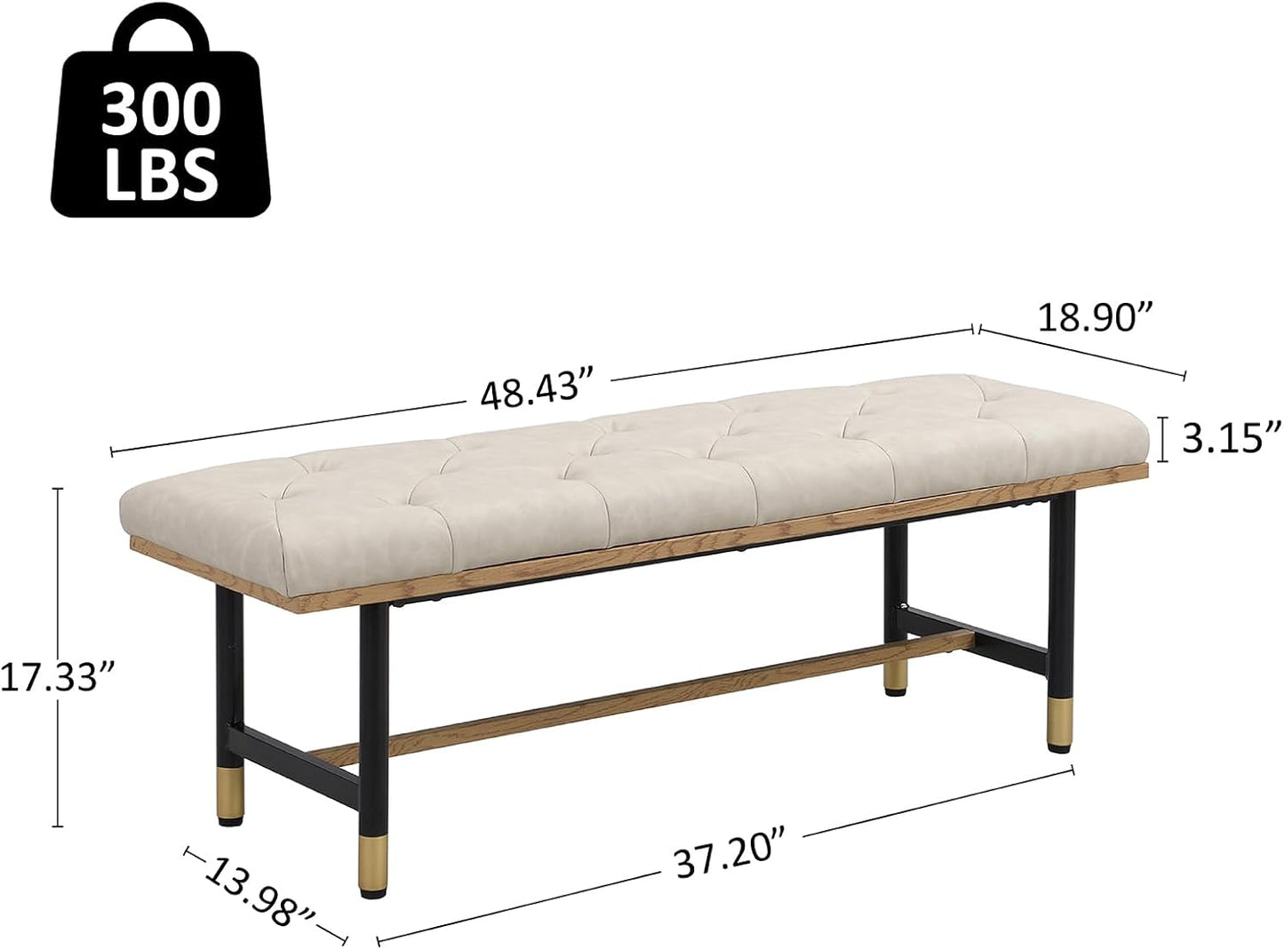 Shoe Bench Entryway, End of Bed Bench, Bench for Bedroom End of Bed, Modern Faux Leather Bench for Living Room, Entryway Bench Seat, Padded Bench with Solid Metal Shelf Gold, Beige