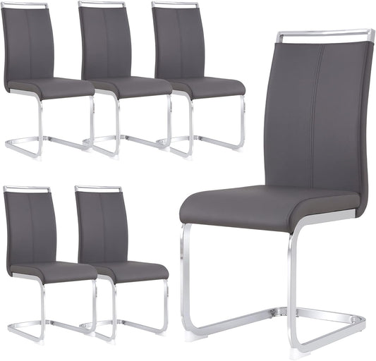 Dining Chairs Set, Kitchen Modern Metal Chairs with Faux Leather Padded Seat High Back and Sturdy Chrome Legs, Chairs for Dining Room (Grey, Set of 6)