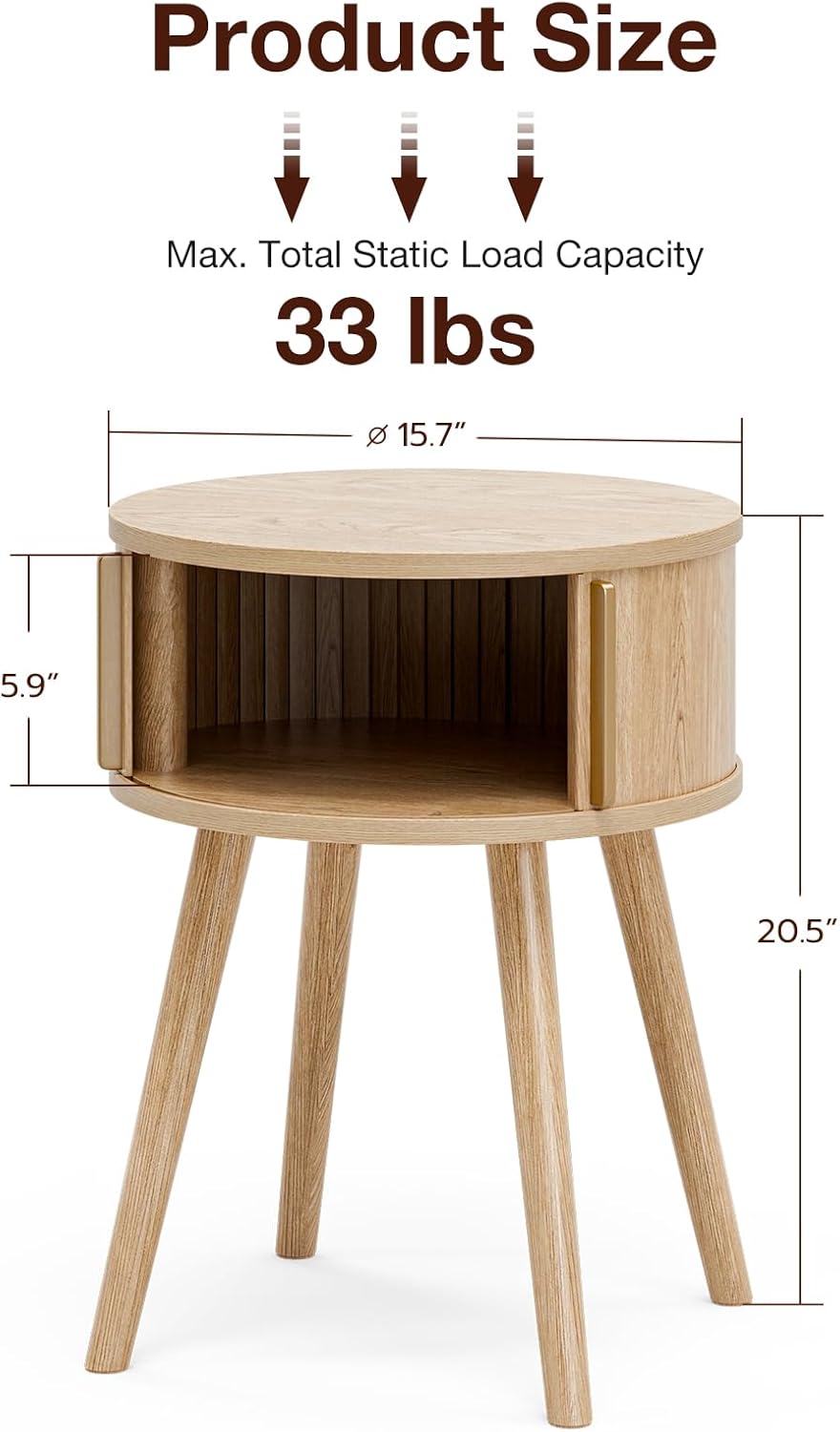 Side Table with Sliding Door & Cabinet, End Table for Living Room, Night Stand for Bedroom, Modern Bedside Table with Solid Wood Legs, Natural