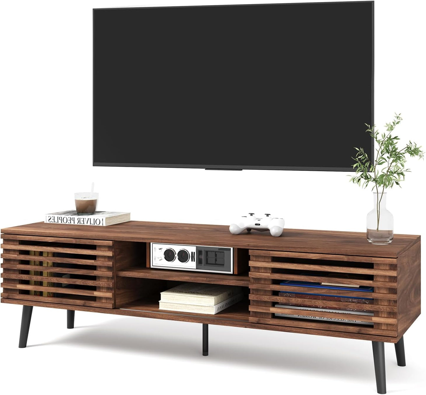 HAIOOU Mid Century Modern TV Stand, 52" Wooden TV Console with Slatted Sliding Doors and Storage for 50/55/60 Inch TV, Small Entertainment Center Media Console Cabinet for Living Room - Walnut Brown