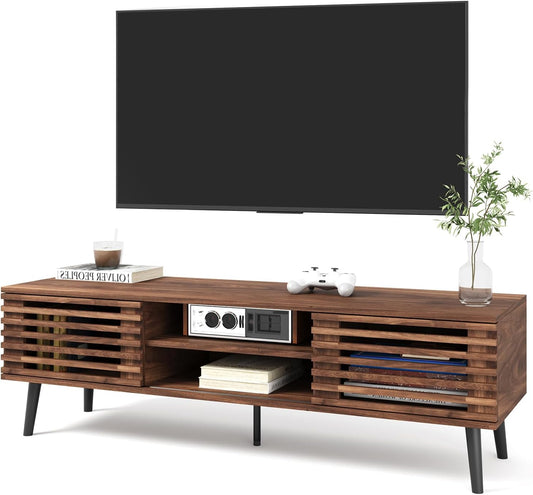 HAIOOU Mid Century Modern TV Stand, 52" Wooden TV Console with Slatted Sliding Doors and Storage for 50/55/60 Inch TV, Small Entertainment Center Media Console Cabinet for Living Room - Walnut Brown