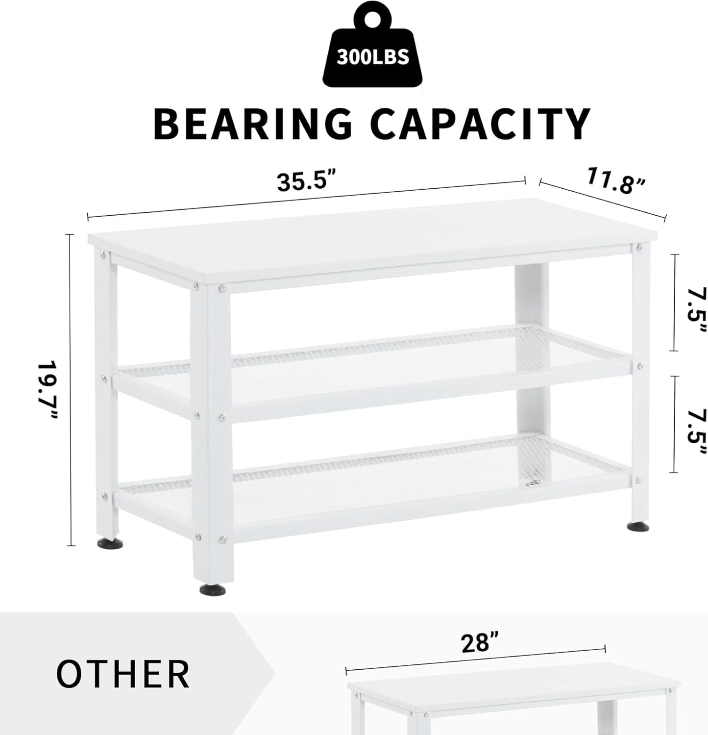 Apicizon White Shoe Rack, 35.5 Inches 3-Tier Shoe Rack for Entryway with Long Seat and Metal Shelves for Garage, Entryway Bench for Hallway Front Door, Mudroom, Doorway, Living Room, Bedroom