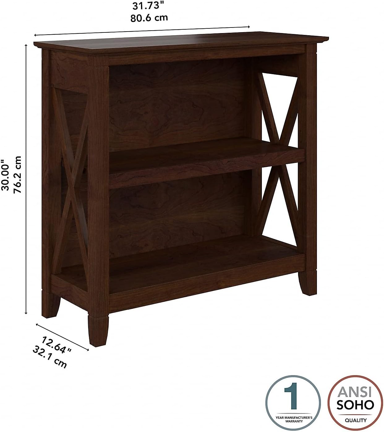 Bush Furniture Key West Small 2 Shelf Bookcase in Bing Cherry, Compact Home Organizer, Vertical Storage Solution, Bookshelf for Office or Living Room