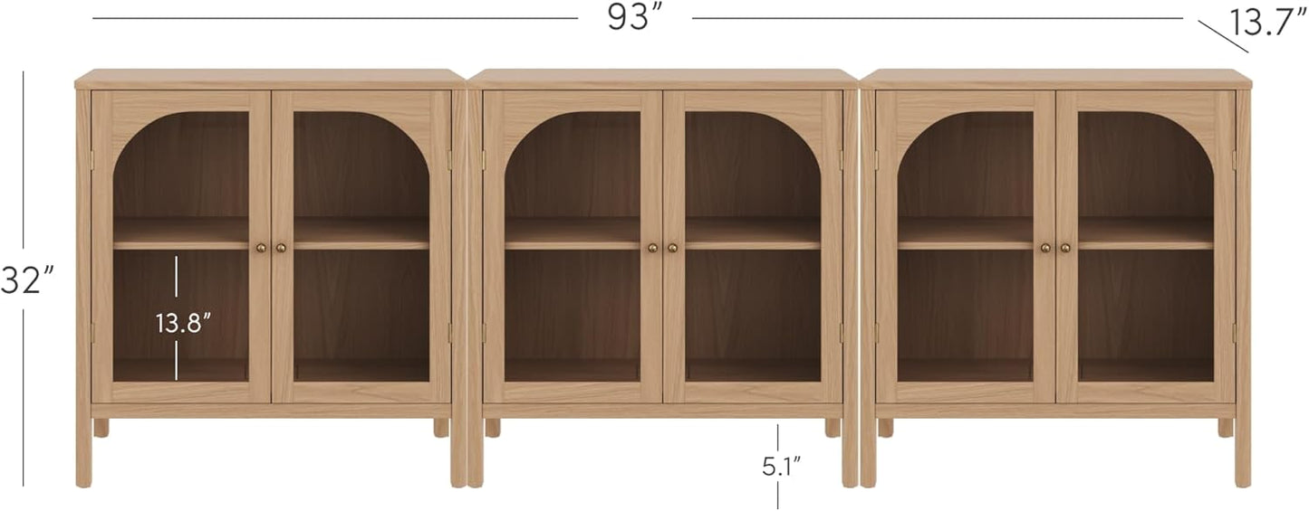 Nathan James Mason Modern Farmhouse TV Stand, Free Standing Accent Sideboard Buffet, Cabinet with Glass Doors and Adjustable Shelf, Clear Glass/Raw Oak Set of 3