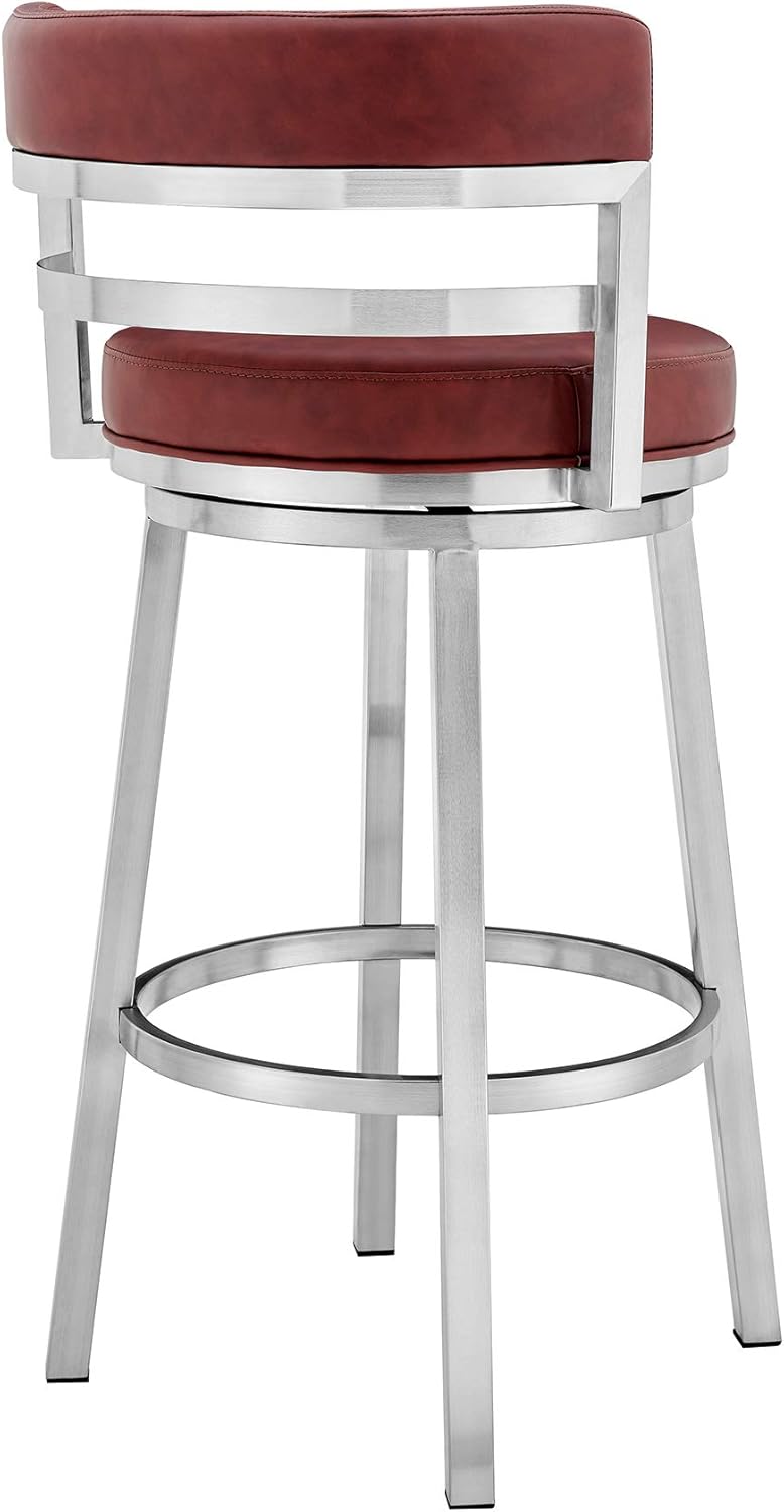 Armen Living Madrid 26" Seat Height Swivel Modern Red Faux Leather and Brushed Stainless Steel Bar Stool for Kitchen Island Counter