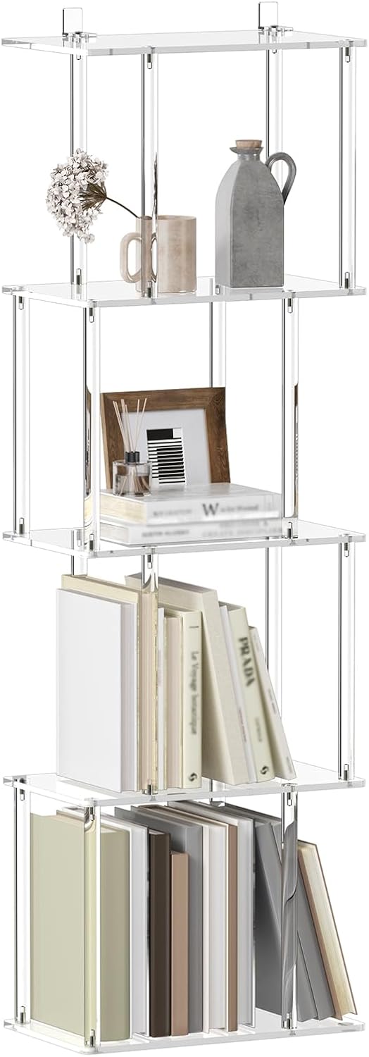 Acrylic Geometric Bookshelf for Small Spaces, 5-Tier Clear S Shaped Bookcase, Modern Open Book Shelf for Living Room, Bedroom, Office, 9.3" D x 15.6" W x 48.8" H, Easy Assembly