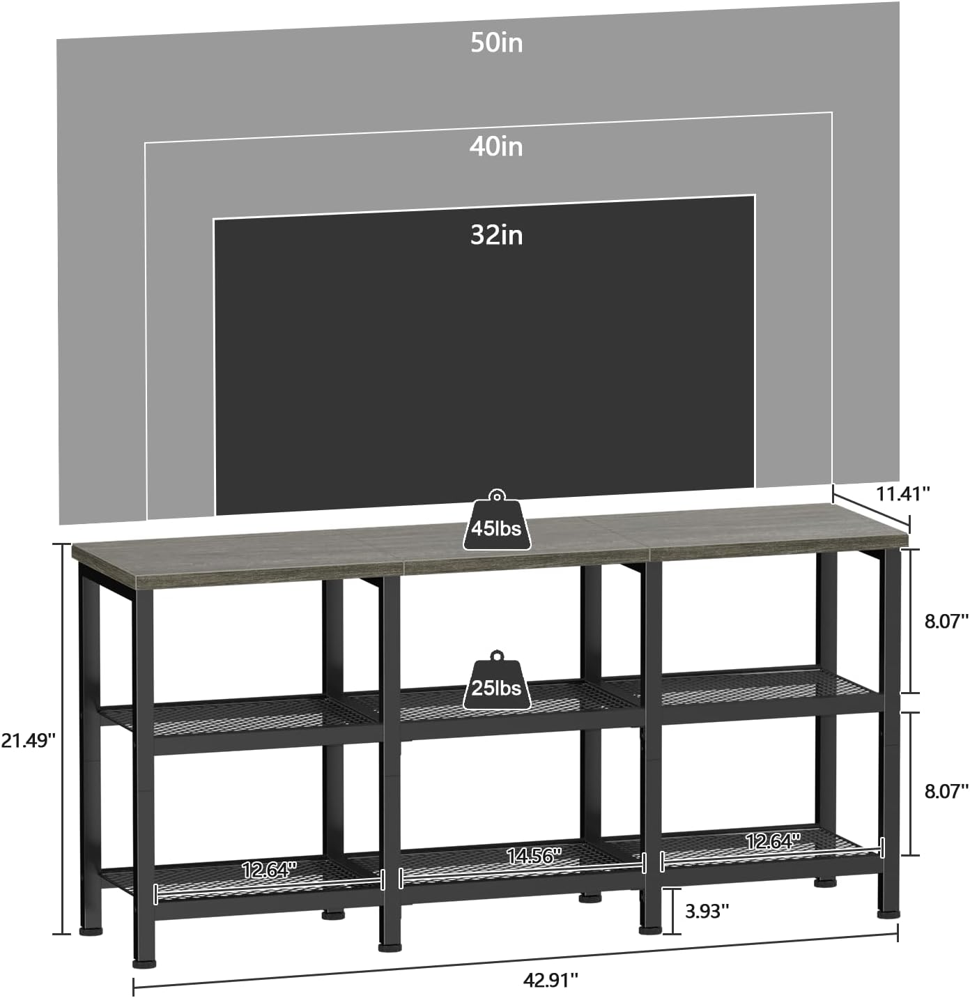Furologee TV Stand, 43 Inch Entertainment Center with 3-Tier Storage Shelves, Industrial Media Console Table for TVs up to 50 Inch, Television Stands for Living Room, Bedroom, Light Black Oak