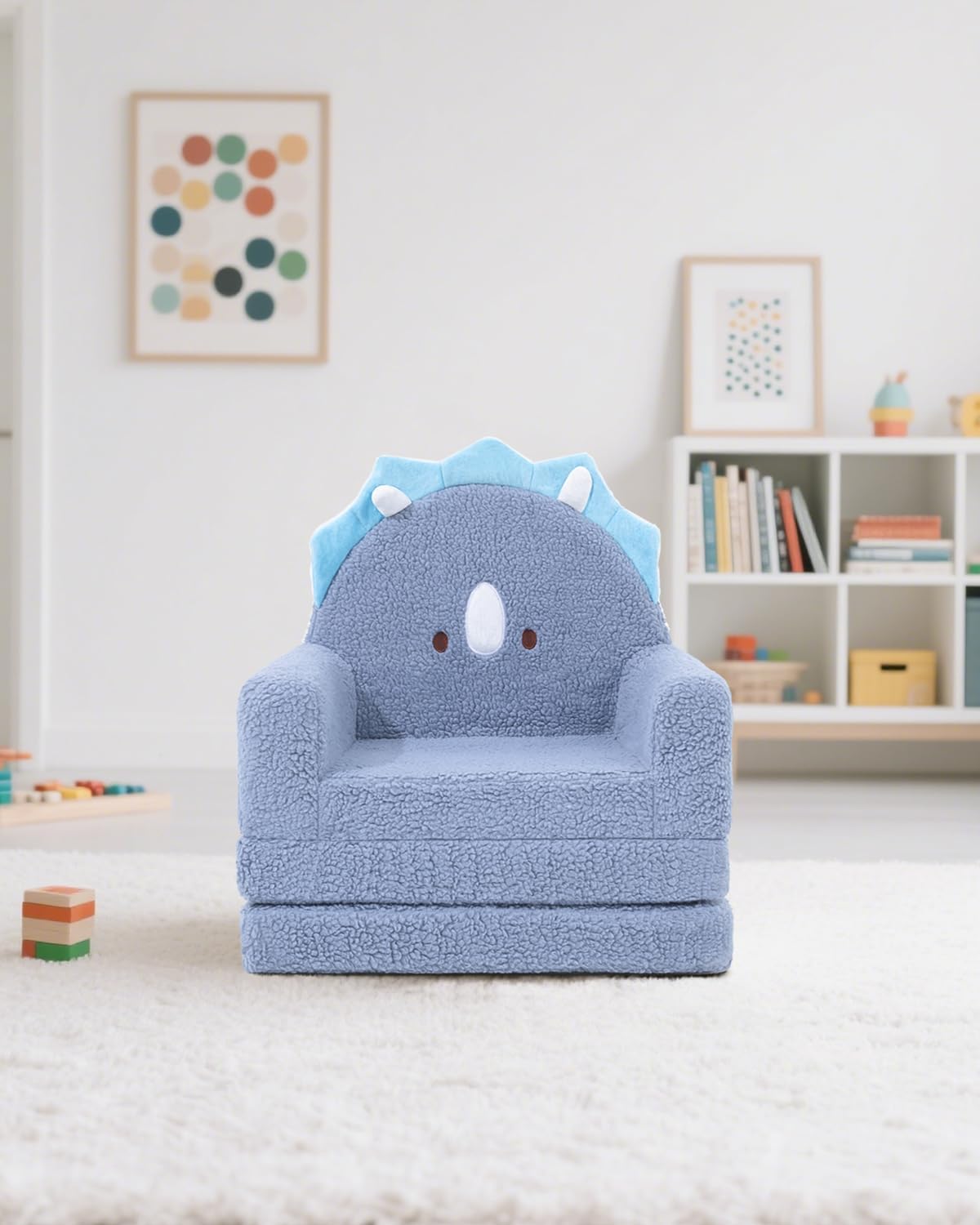MOONBEEKI 2-in-1 Foldable Toddler Couch, Soft Sherpa Fabric with Washable Cover, Convertible Sofa to Lounger, Kids Sofa for Playroom, Bedroom, Living Room, Birthday Gift, Ages 1-3, Blue Triceratops