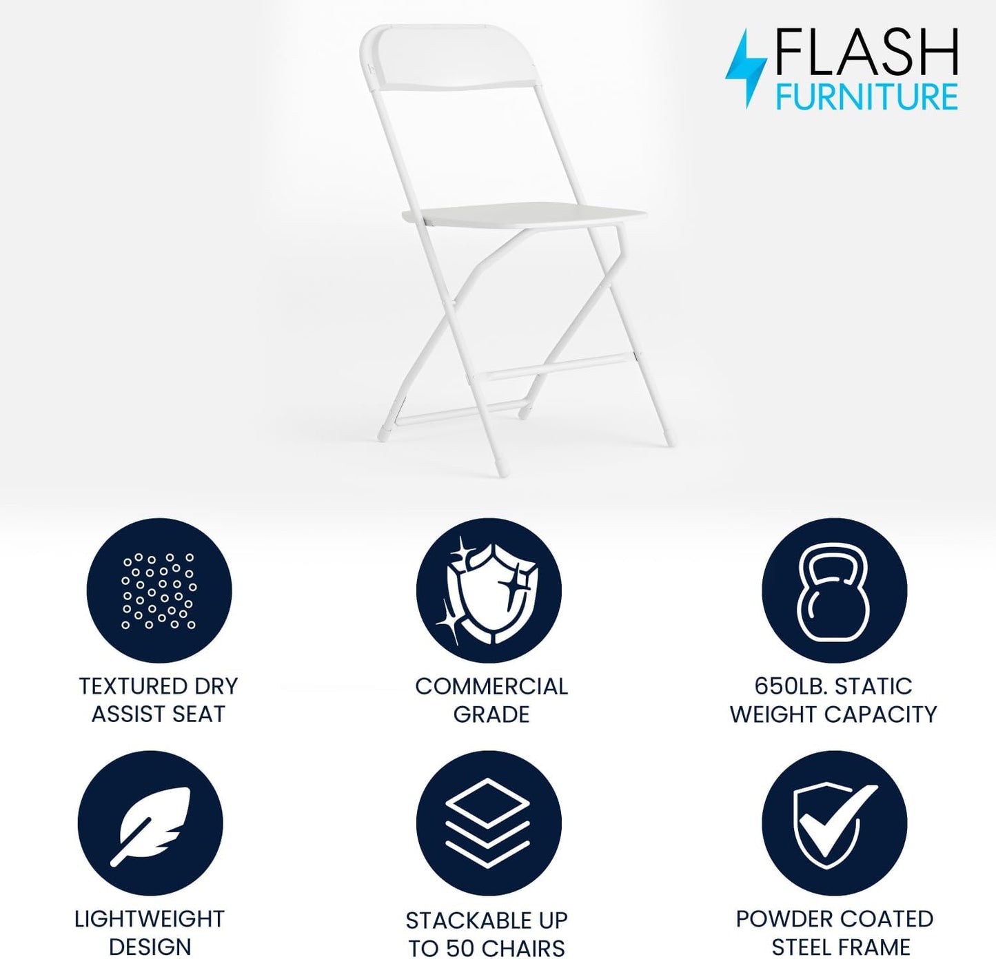 Flash Furniture Hercules Series Plastic Folding Chair - White - 650LB Weight Capacity Comfortable Event Chair - Lightweight Folding Chair