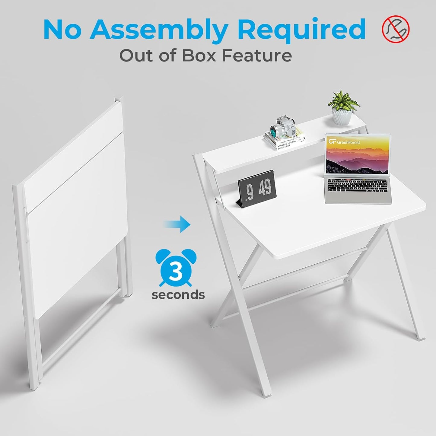 GreenForest No Assembly Folding Desk, 2-Tier Compact Computer Desk with Shelf, Space Saving Foldable Table for Home Office, Dorm or Apartment, Portable Collapsible Sturdy Laptop Desk, White