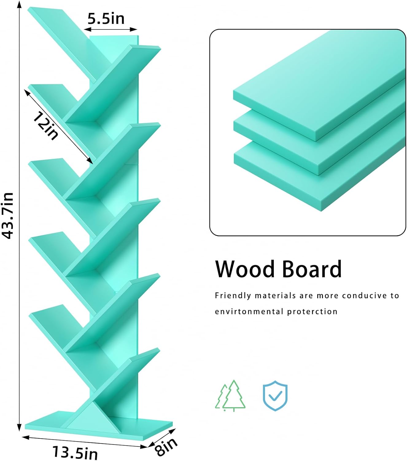 10 Tier Tree Book Shelf, Floor Standing Wood Bookshelf for Narrow Space, Storage Organizer Bookshelves for Books/CDs/Magazine, Bookcase with Shelves for Home Office, Living Room - Green