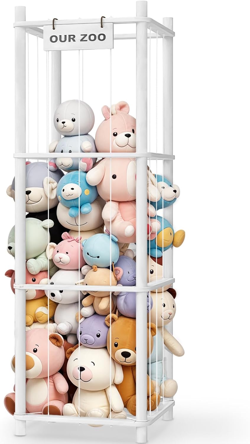 Stuffed Animal Storage & Organizer, Wooden Cute Zoo Toy Holder for Toddler Rooms, Playrooms & Bedrooms（White）