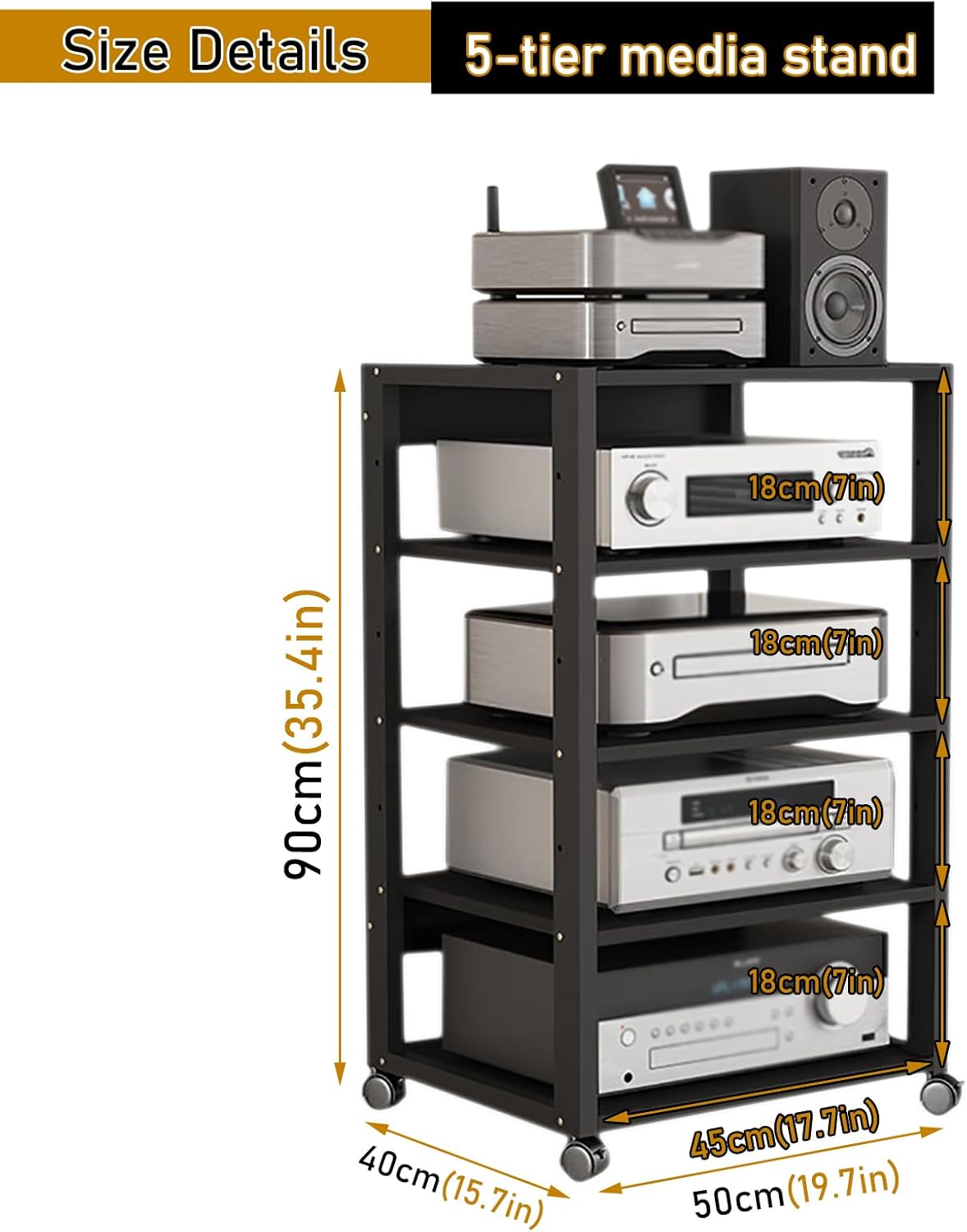 5 Tier Audio Rack Tower, CD Record Player Stereo Receiver AV Equipment Cabinet Display Rack, Weight Capacity 220 lbs, with Adjustable Wooden Shelves for Home (Black-2, 5tier)